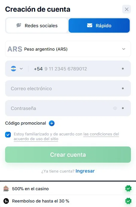 1Win Formulario de Registro