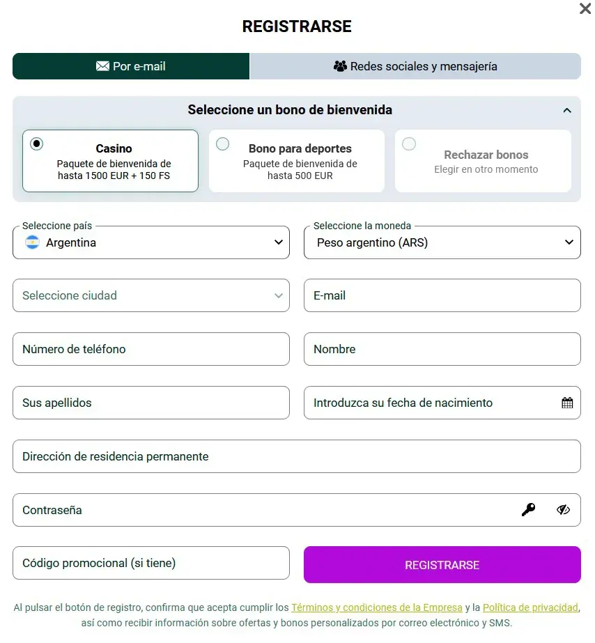 SpinBetter Formulario de Registro