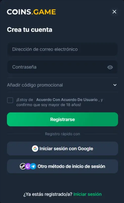 Coins.Game Casino Formulario de Registro