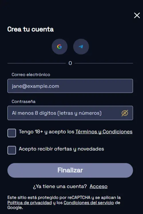SpinCrypto Casino Formulario de Registro