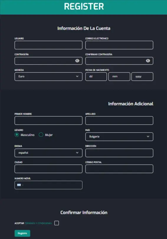 CristalPoker Casino Formulario de Registro
